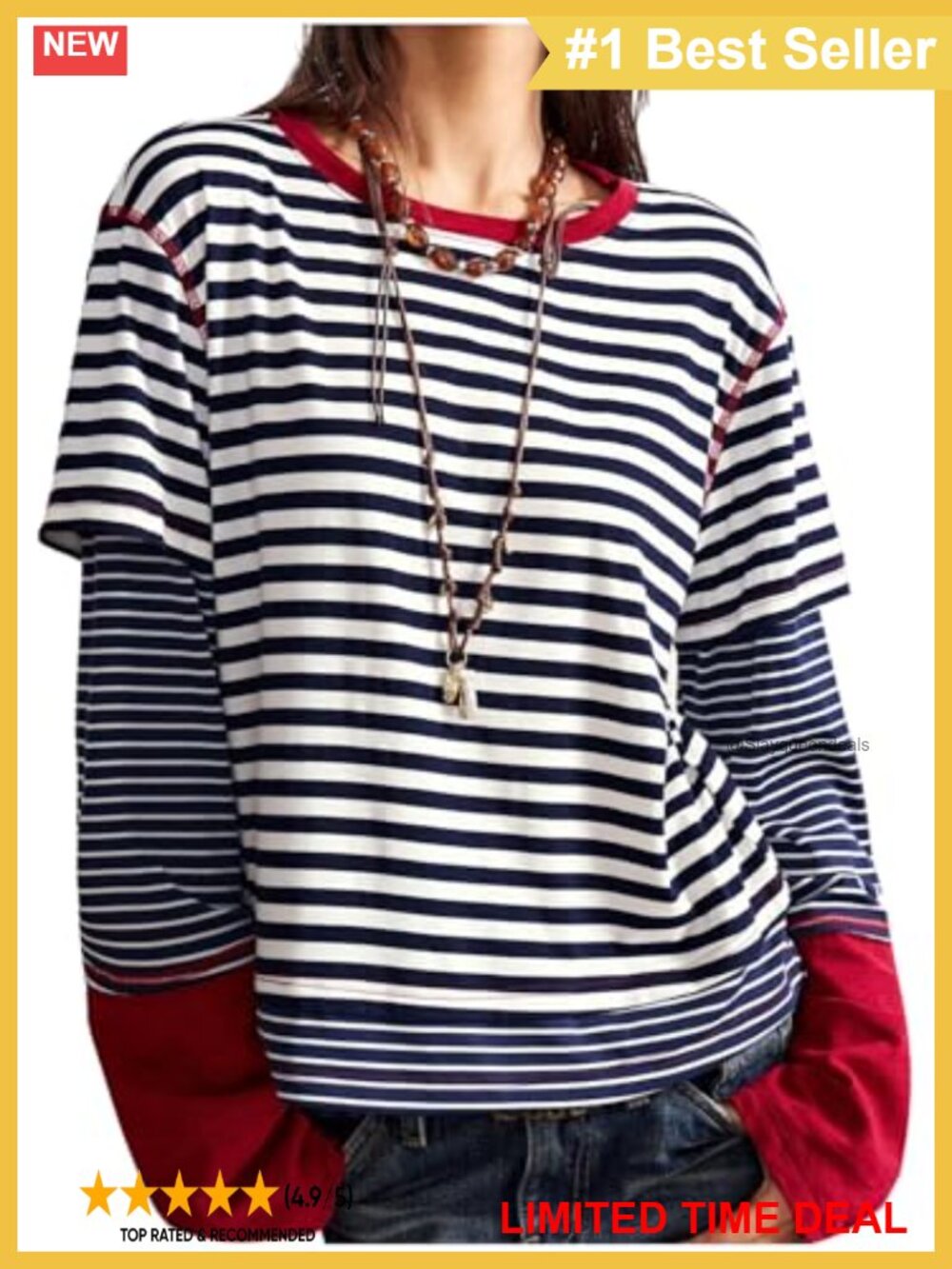 Long Sleeve Striped 2 in 1 Loose Fit Tee Streetwear Crew Neck Top